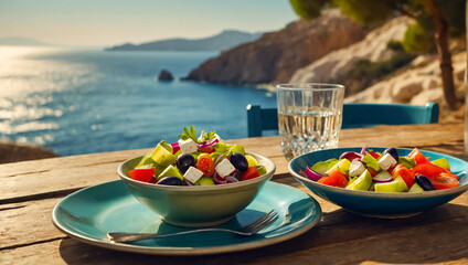Delicious Greek salad in a plate outdoors in Greece traditional