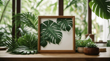 "Tropical Elegance: Mock-up Wooden Frame Adorned with Green Tropical Leaves"
