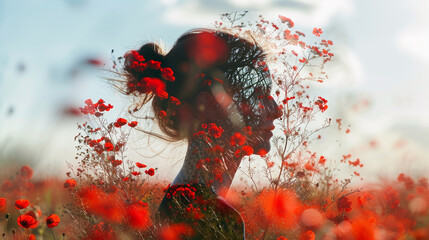 A double exposure image combining an abstract woman's silhouette with a field of radiant red wildflowers.