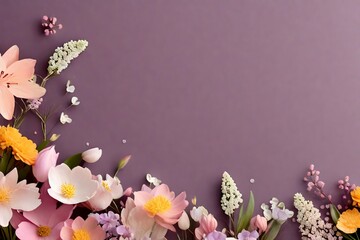 Banner with spring flowers purple background copy space