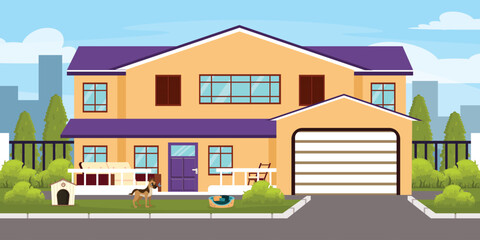 Fototapeta premium Vector illustration of a large country house.Cartoon scene of a two-story house with a roof,windows,a porch with a sofa,a chair,a garage, a dog house, a dog, bushes, trees,a gate, a sidewalk, a road.