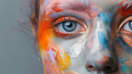 A high-definition capture of a female face with pastel art makeup, featuring varied skin painting on a grey background.