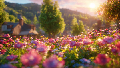 Beautiful colorful spring landscape with a blooming garden. Artistic limited depth of field. Focus on front view.