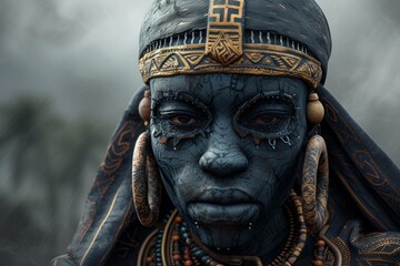 Fototapeta na wymiar The leader of a wild African tribe, tattoo art on the face, a pagan warrior of the tribe,
