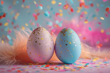 pink and blue easter eggs with colorful feathers against blurred background. Generative AI