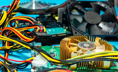 CPU ventilation system, computer cooler, black computer fan. Resistor on a microcircuit, computer...