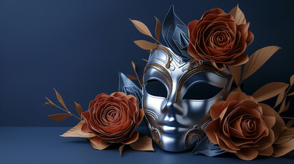A midnight blue scene featuring a platinum carnival mask adorned with rust-hued paper flowers.