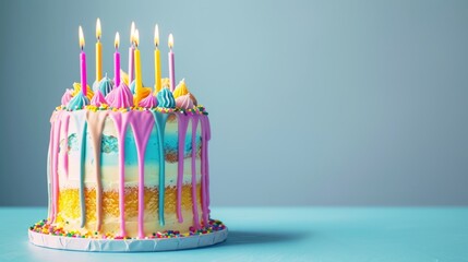 Colorful celebration birthday cake with lots of birthday candles and drip icing against a blue background --ar 16:9 --v 6 Job ID: e65430f7-67ea-4360-88a1-0387b340aa83 - obrazy, fototapety, plakaty