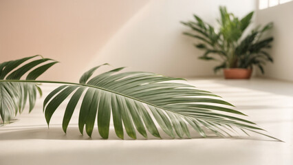 "Subtle Elegance: Palm Leaf Shadows on White Wall and Cream Pastel Floor"

