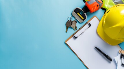 Construction hat, signal vest, apartment keys and clipboard on a light blue background. 