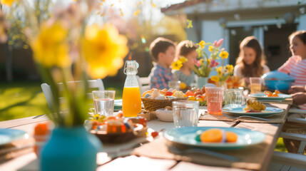 Happy family having tasty Easter breakfast or brunch outdoor in the garden - obrazy, fototapety, plakaty