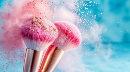 Colorful makeup brushes with powder explosion, close up of cosmetic product burst in beauty splash