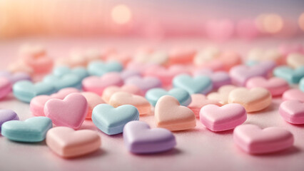 "Sugar-Coated Affection: Pastel-Colored Candy Hearts in a Bokeh Background"

