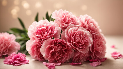 "Timeless Beauty: Pink Carnation Flowers Bouquet on Tan Background with Subtle Elegance"

