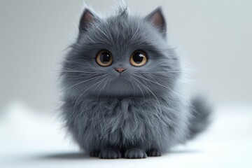 Fluffy cartoon grey cat, isolated background, character design