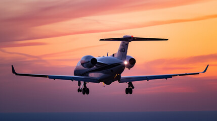 A private jet soaring into the gathering night, surrounded by the fading light of sunset.