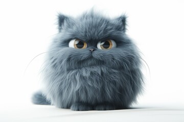 Fluffy cartoon grey cat, isolated background, character design