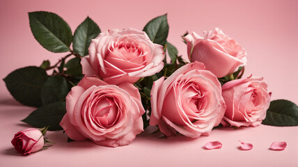 "Blush Blooms: Pink Rose Flowers Bouquet on a Pink Background - Flat Lay Elegance"

