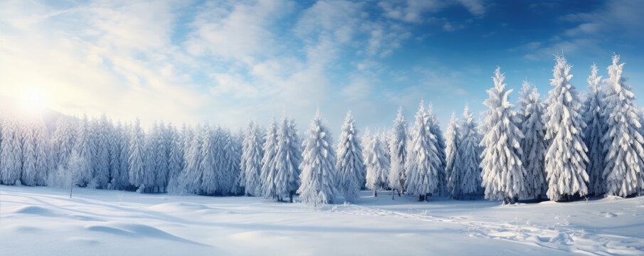 Winter landscape of trees covered with snow. Beautiful winter forest.