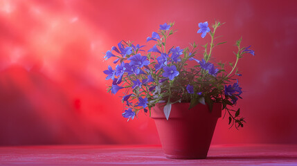 A rich burgundy paper setting with details of Sky Blue Lobelia in a pot.