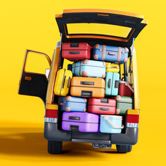 Orange van full of luggage ready for vacation. Travel concept on yellow background. 3D Rendering,...