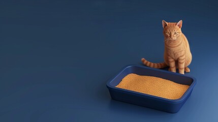 Cute isometric 3D image of create the image of a cat sitting next to a small dark blue litter box, with fine-grained, yellowish sand. --ar 16:9 --v 6 Job ID: f310c250-5131-4e40-a144-77a61928a549