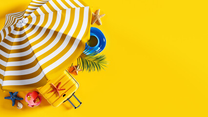 Beach umbrella with summer accessory and luggage on vibrant yellow background with copy space. Ready for summer vacation concept. 3D Rendering, 3D Illustration