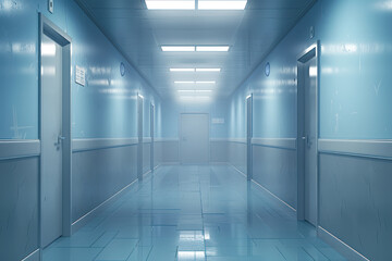 Obraz premium A sterile empty hallway with a single door open
