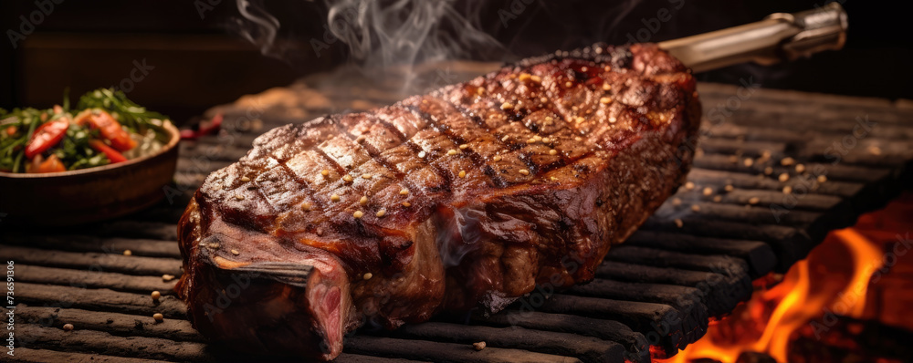 Poster Tomahawk steak top view on wooden background.