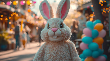 Human in easter bunny costume mascot of Easter entertaining kids on Easter festival outdoors