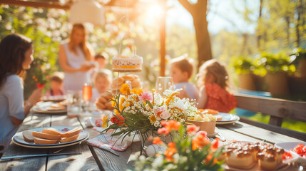 Happy family having tasty Easter breakfast or brunch outdoor in the garden