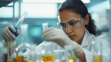 Dedicated female chemist conducting experiments with yellow liquids in a modern laboratory