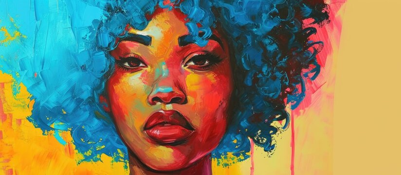 Colorful pop art style painting of a beautiful African woman with blue curly hair.
