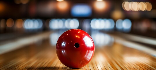 Bowling strike with ball crashing into pins on alley line, sport competition or tournament concept. - obrazy, fototapety, plakaty