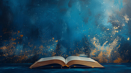 An open book against a deep indigo backdrop, enhanced with metallic gold and silver paint bursts.