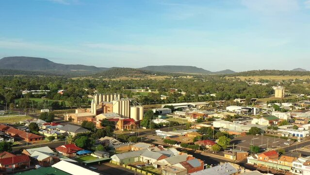 Aerial panorama of Gunnedah rural regional outback town in Australia as 4k.
