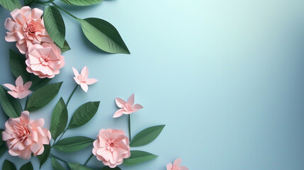 HD image of pink paper flowers and green leaves on a tranquil blue background, with abundant space for text.