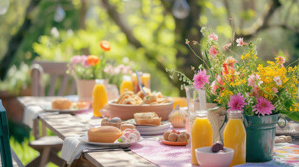served festive Easter table for family brunch outdoor in the garden
