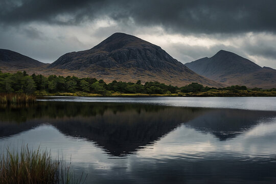 Beautiful landscape image of lake district with dramatic sky during a cloudy day. Generative AI