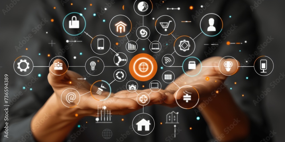Poster a business professional presents a network of smart technology solutions with interactive icons, gen