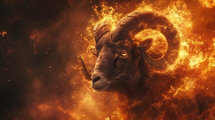 Dynamic aries  fiery ram embracing pioneering spirit with energetic flames and dynamic energy - obrazy, fototapety, plakaty