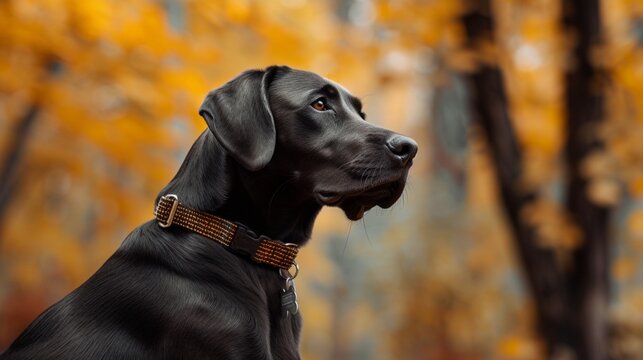 Beautiful dog with collar in autumn park