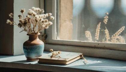 Ceramic vase with dried flowers and book on the window sill. Old vintage room interior decor. Floral composition. Leisure and relaxation - obrazy, fototapety, plakaty