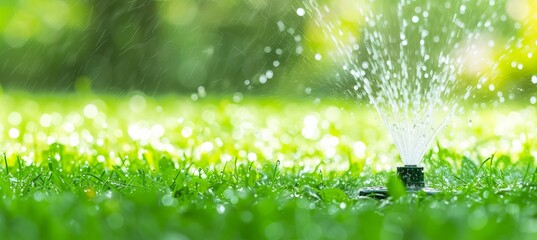 Efficient garden watering system   automatic sprinklers watering lush green lawn with text space.
