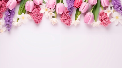 spring flowers, tulips, lilacs, daffodils on a white background. Composition with delicate flowers.