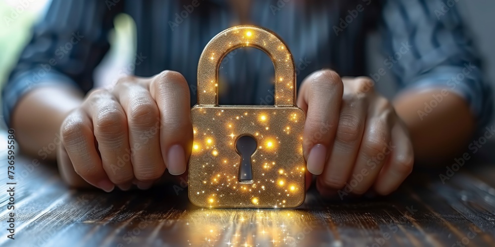 Poster hands frame a radiant padlock symbolizing the critical importance of robust cybersecurity measures, 