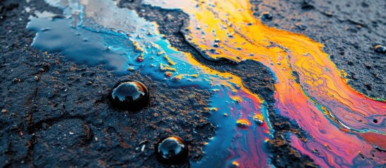 Asphalt displaying a colorful abstract pattern with gasoline influence. - obrazy, fototapety, plakaty