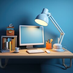A desk with a computer, lamp and books. Generative AI.