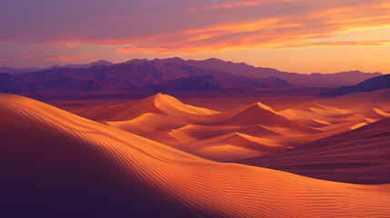 Fototapeta na wymiar A desert scene at twilight, with sand dunes casting long shadows, and the sky transitioning from orange to purple above the distant mountains
