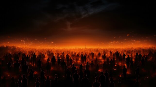 A large crowd of people standing in front of a fire. Generative AI.